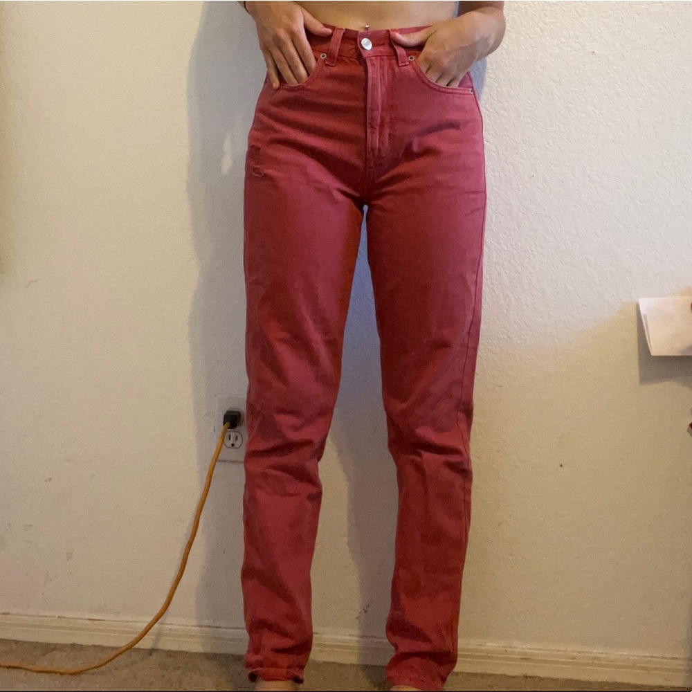 Red straight leg jeans